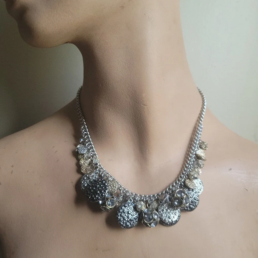 Ann‎ Taylor Loft Silver Gold Tone Crystal Charm Statement Necklace